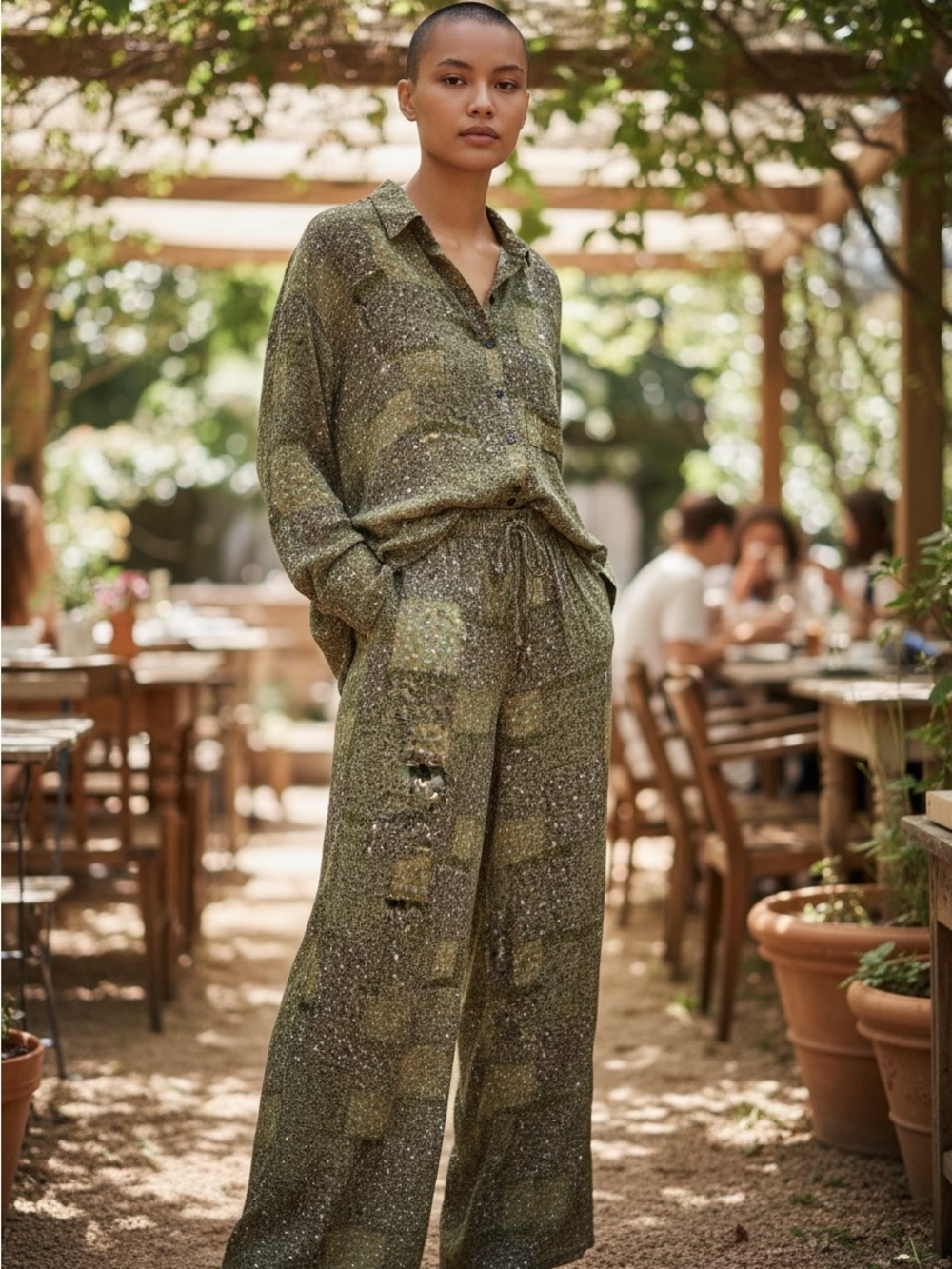 WinWin Olive Green Printed Button-Up Shirt & Wide-Leg Pants Set